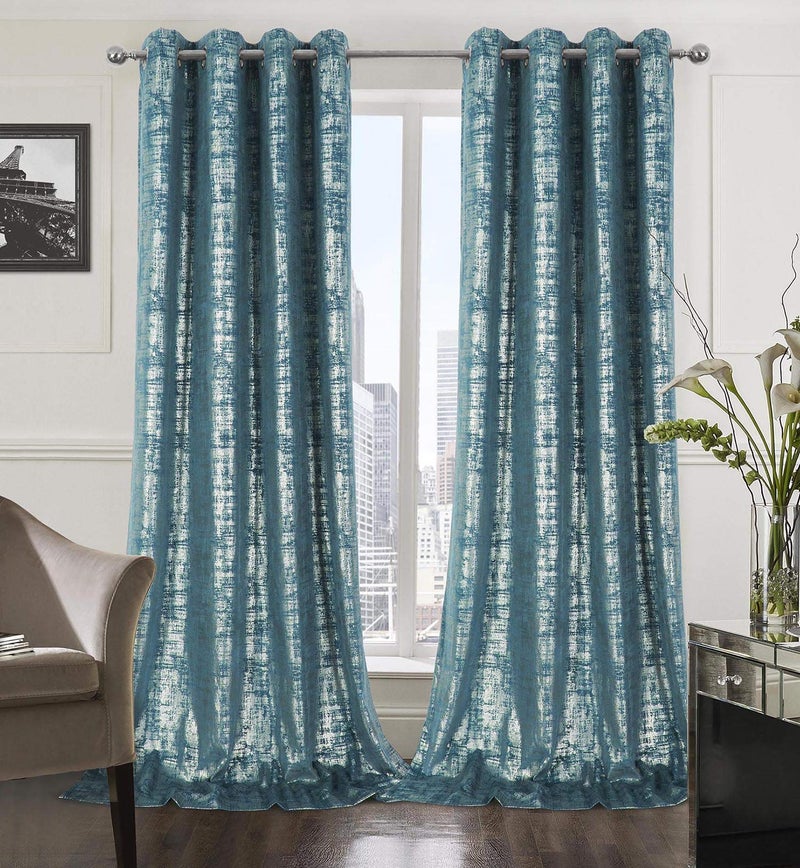 always4u Soft Velvet Curtains 108 Inch Length Long Luxury Bedroom Curtains Silver Foil Print Window Treatments for Living Room Set of 2 Teal - Image 1